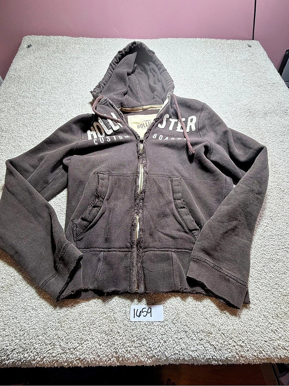 Hollister Men’s distressed Full Zip Hooded Fleece Hoodie Pockets brown Sz M